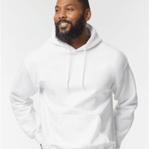 Man wearing a white Gildan Dryblend hooded sweatshirt.