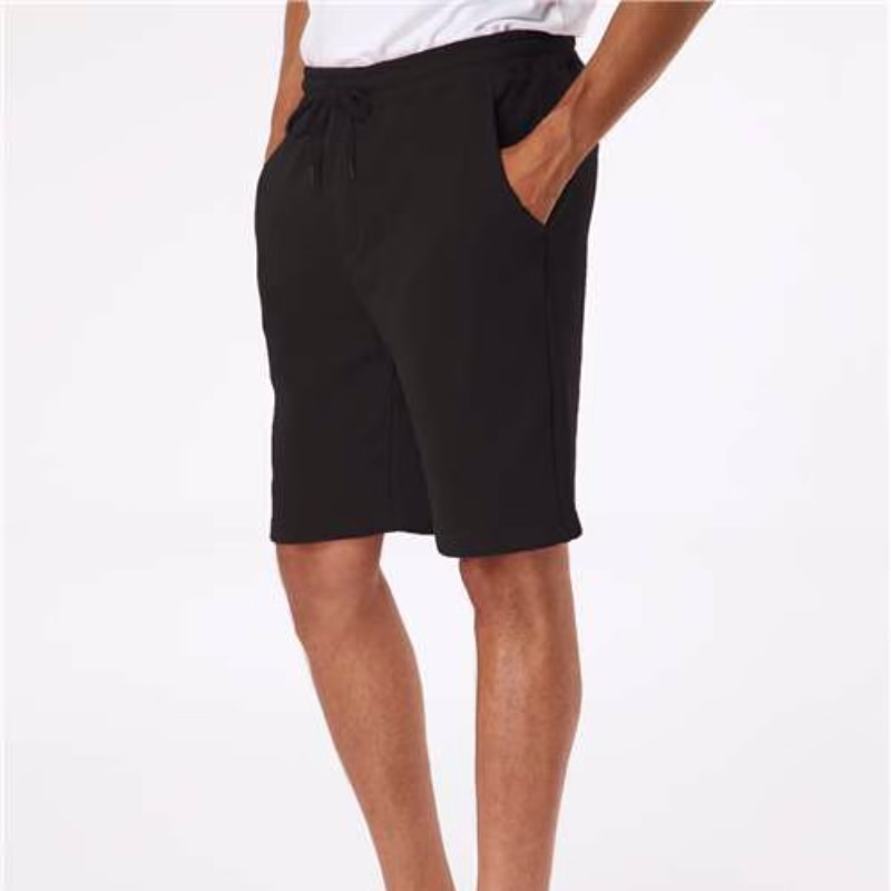 Custom IND20SRT men’s midweight fleece shorts side view showing logo print placement and relaxed fit