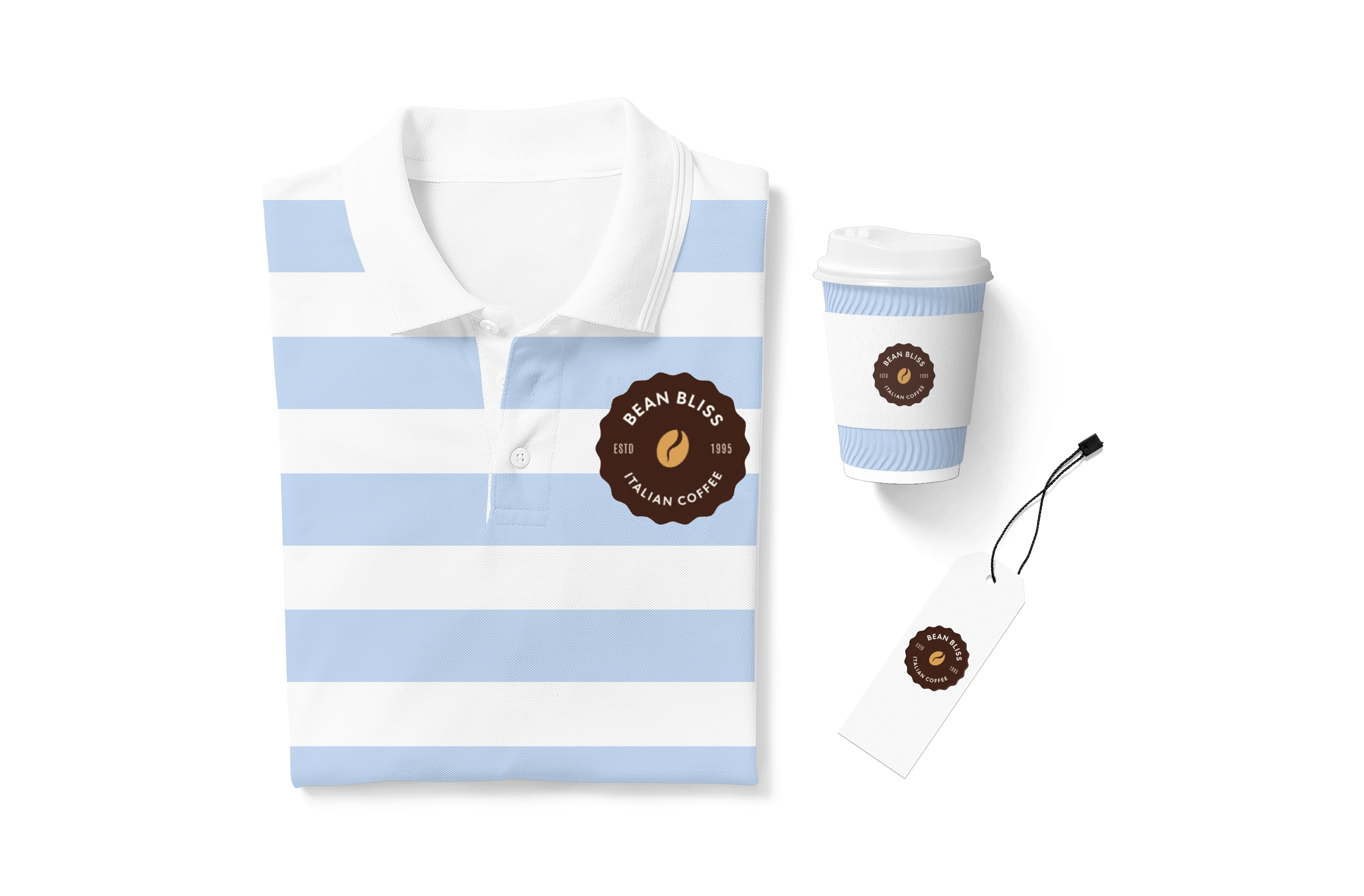 A custom polo shirt for a coffee company with one of our custom printed coffee cups and a custom tag