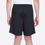 Team 365 youth performance shorts in black back view showing team fit and seven-inch inseam