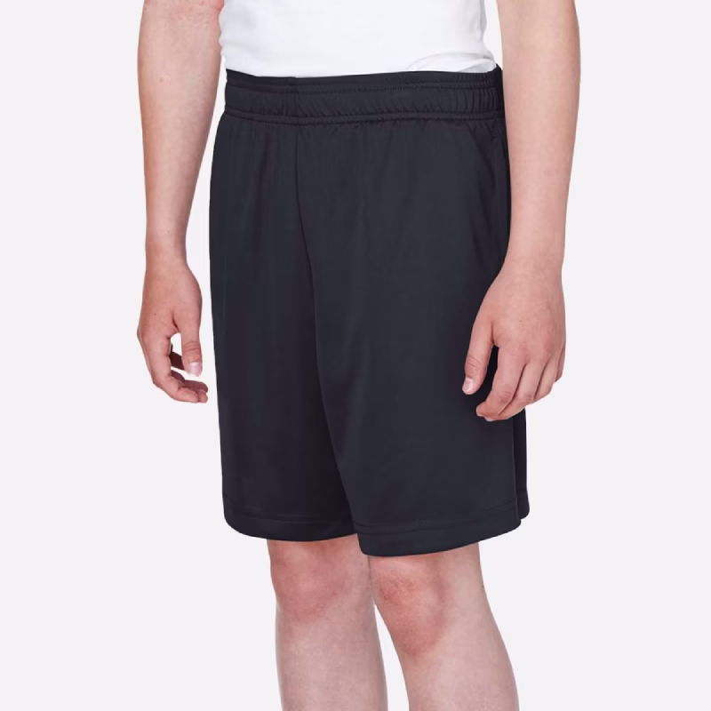 Custom TT11SHY youth performance shorts side view showing logo placement and side pocket