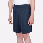 Team 365 youth performance shorts side view in navy color showing team fit and seven-inch inseam