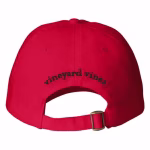 Red back side view of custom Vineyard Vines baseball cap.