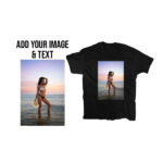 Add your image and text custom sexy t-shirt image with woman in bikini on sand in front of the ocean