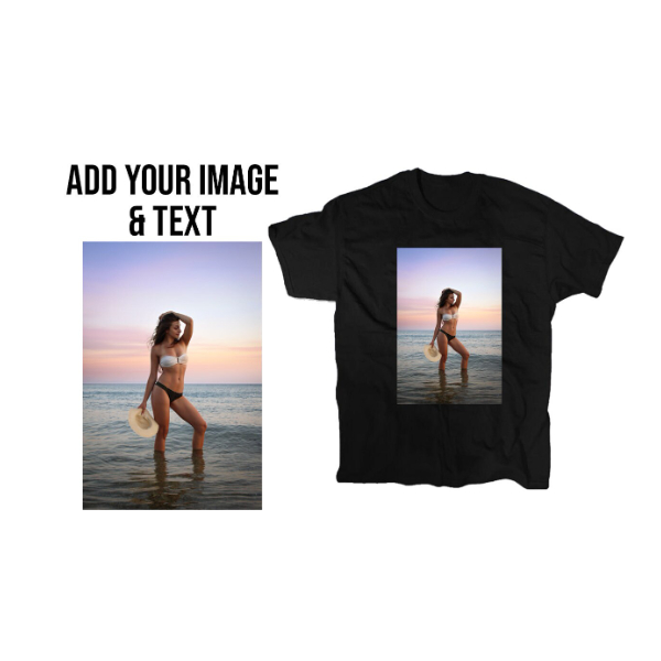 Add your image and text custom sexy t-shirt image with woman in bikini on sand in front of the ocean