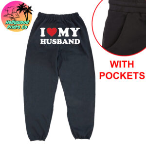 The viral I love my husband sweatpants in black. What makes these better than the competition is that we offer these with pockets.