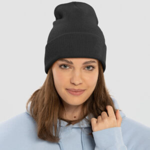 Woman wearing a black classic custom cuffed beanie headwear.