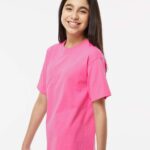 Youth M&O custom pink t-shirt modeled standing sideways by girl with wavy hair