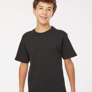 Youth M&O custom black t-shirt modeled by boy with curly hair