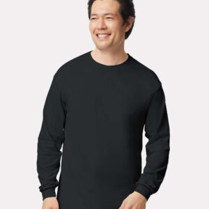 Man wearing a black Gildan ultra cotton long sleeve t-shirt.