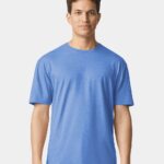 Man wearing a heather royal Gildan softstyle short sleeve t-shirt.