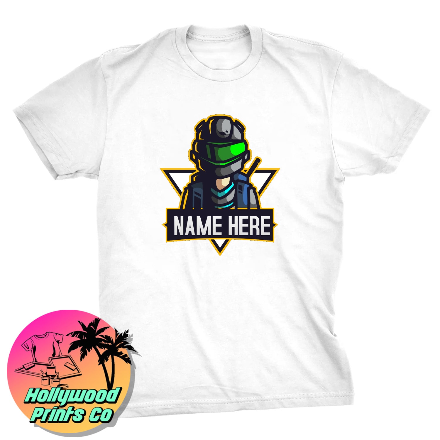 Custom gaming logo white shirt that's ideal for Twitch streamers, Kick streamers, YouTubers, and other gamers.
