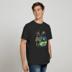 Man looking away from camera wearing horror classics scary friends drinking coffee black shirt perfect for Halloween season