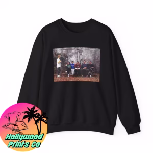 Black Sweater with a image of friends sitting on a bench