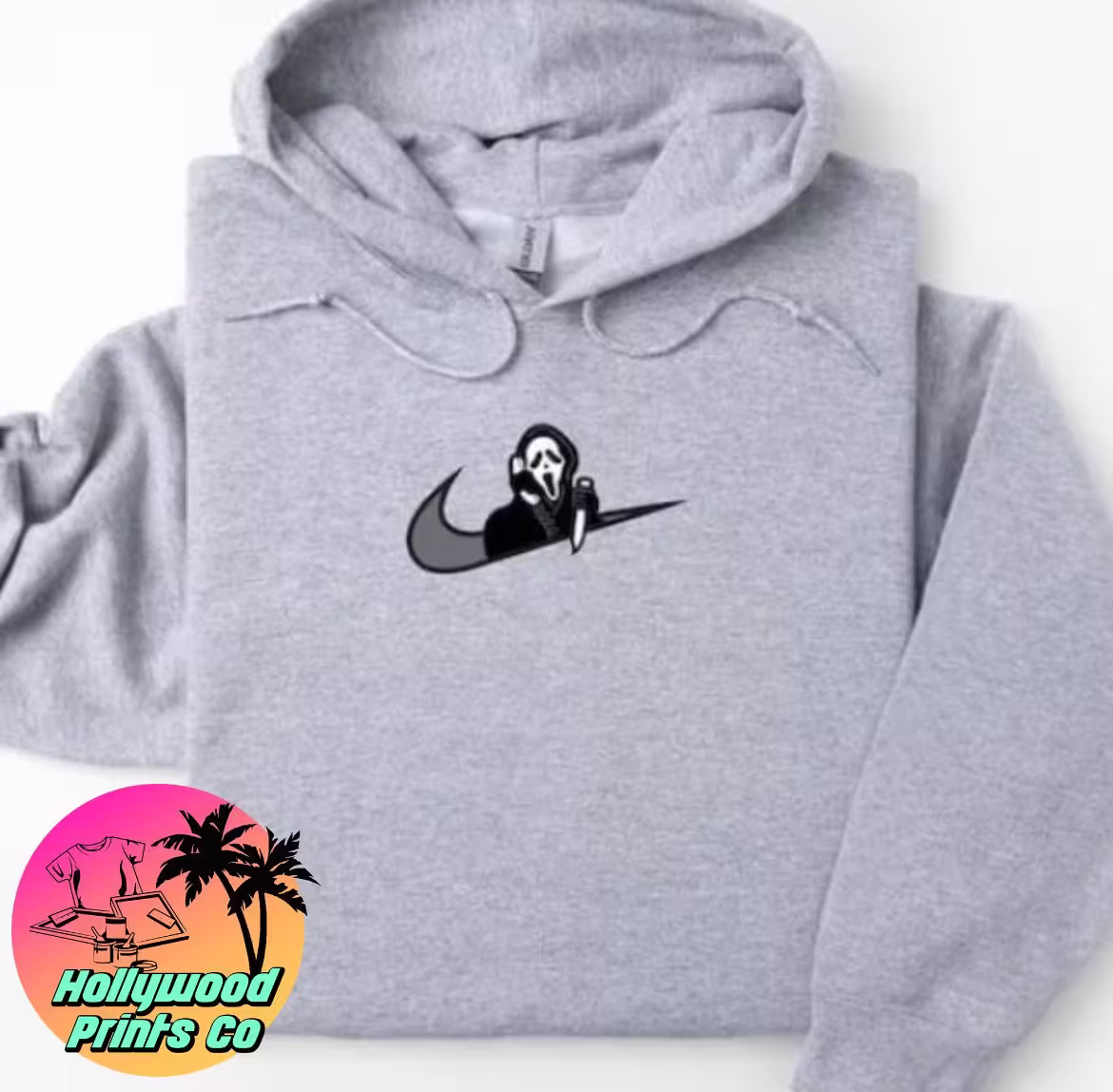 Closeup image of Ghostface swoosh gray hoodie folded nicely