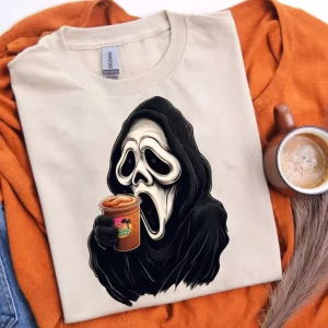 Folded Ghostface Shirt of him sipping a Frappe.