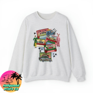 Picture of Heather gray Sweater with a collection of famous christmas movies