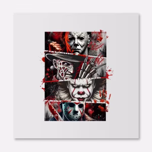 Halloween Horror Scary Movie Characters Crew DTF Transfer with bloody red and black design perfect for shirts, hoodies, and tote bags