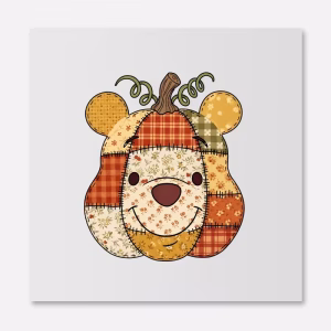 Fall seasonal patchwork Pooh DTF transfer with stitched pumpkin bear design cute autumn shirt transfer for kids and adults