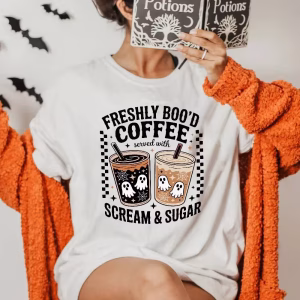 Freshly Boo’d Coffee Halloween Shirt with cute ghost and coffee cup design funny fall spooky season tee for coffee lovers