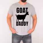 Man wearing Goat Daddy graphic tee in gray