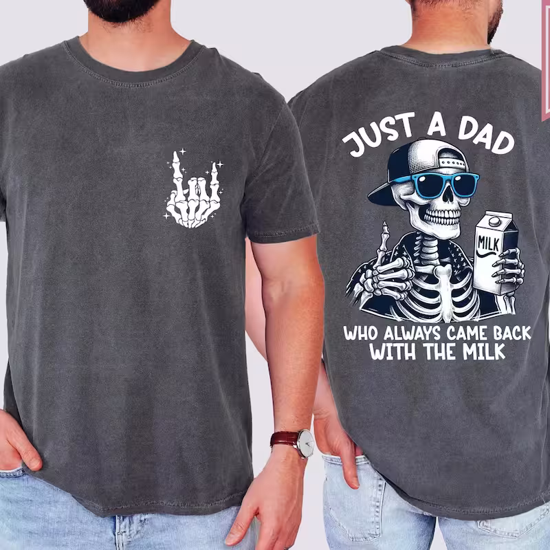 Man wearing a Just A Dad Who Always Came Back With The Milk T-Shirt in gray color variant featuring a funny skeleton dad design, perfect Father’s Day gift and dad humor shirt