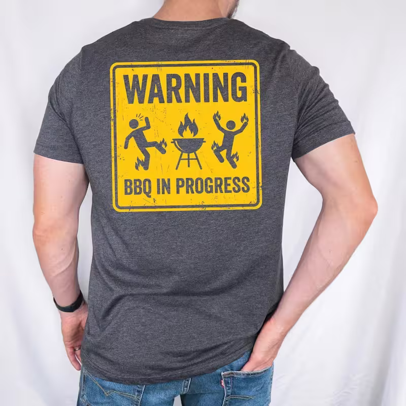 Man wearing a Warning BBQ In Progress Shirt in the gray color variant.
